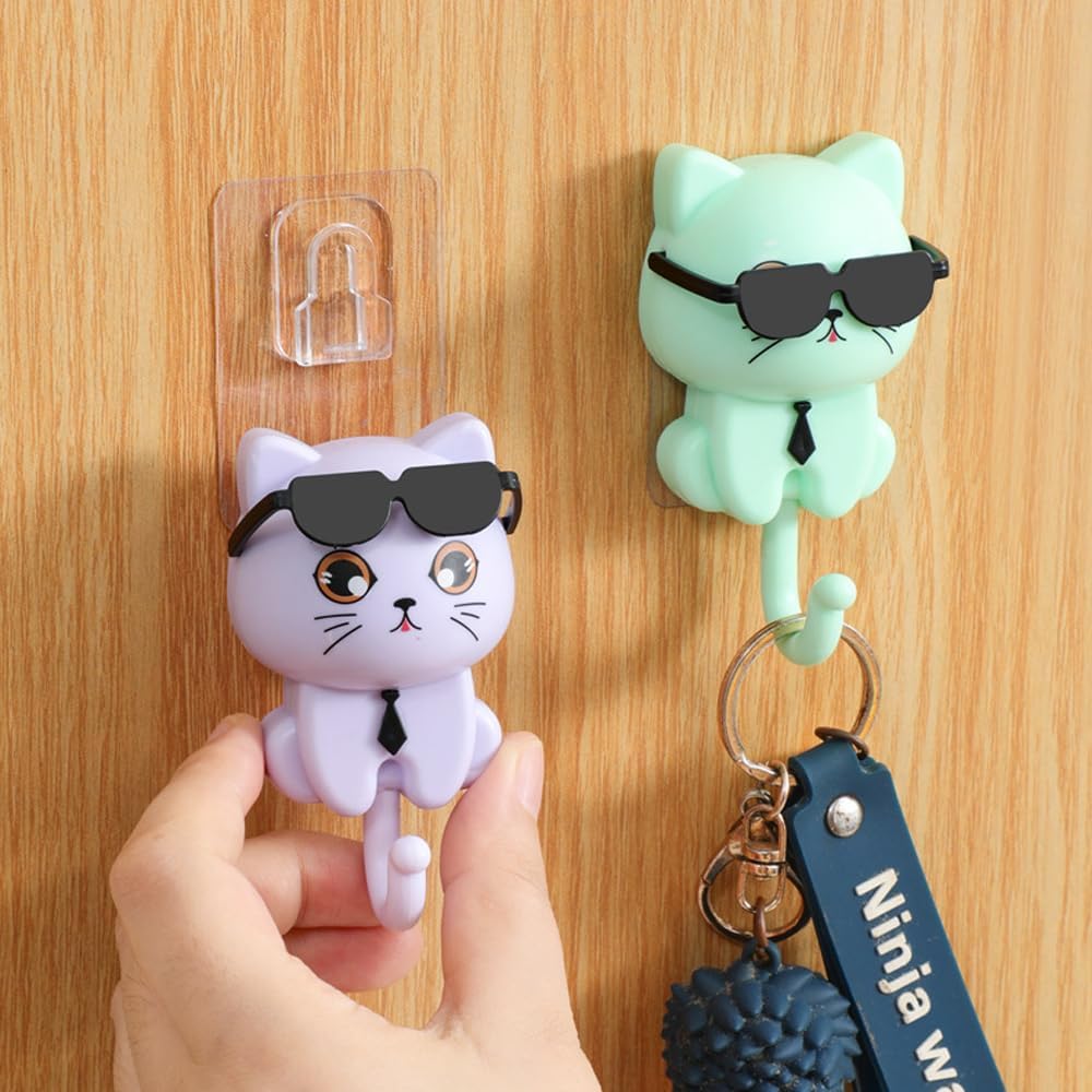 Cat Key Holder, Cute Sunglasses Cat Adhesive Coat Hooks, Adhesive Hooks Heavy Duty Wall Mounted, Creative Adhesive Cute Pet Hooks Coat Hook, for Hanging Hats, Clothes, Miscellaneous Items (2*Black)