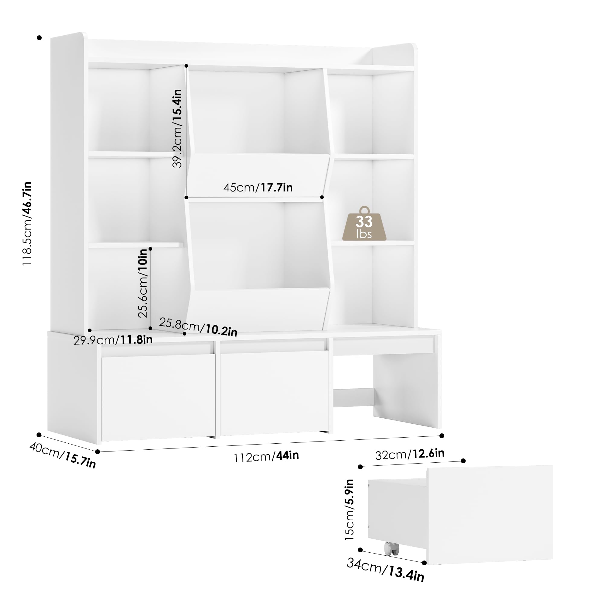 BOTLOG 46.7" Toy Storage Organizer with 3 Movable Drawers, Toys Organizer Bookshelf with 8 Storage Cubbies, Bookshelf for Kids Toy Chest Organizer for Playroom, White