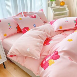 Sleepwish 3 Pieces Strawberry Bear Print Duvet Cover Set 79"x91" Pink Flowers Bedding Set for Kids Teens Girls Bed Cover with 2 Pillowcases