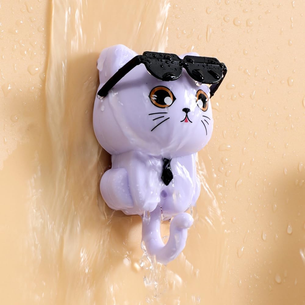 Cat Key Holder, Cute Sunglasses Cat Adhesive Coat Hooks, Adhesive Hooks Heavy Duty Wall Mounted, Creative Adhesive Cute Pet Hooks Coat Hook, for Hanging Hats, Clothes, Miscellaneous Items (2*Black)