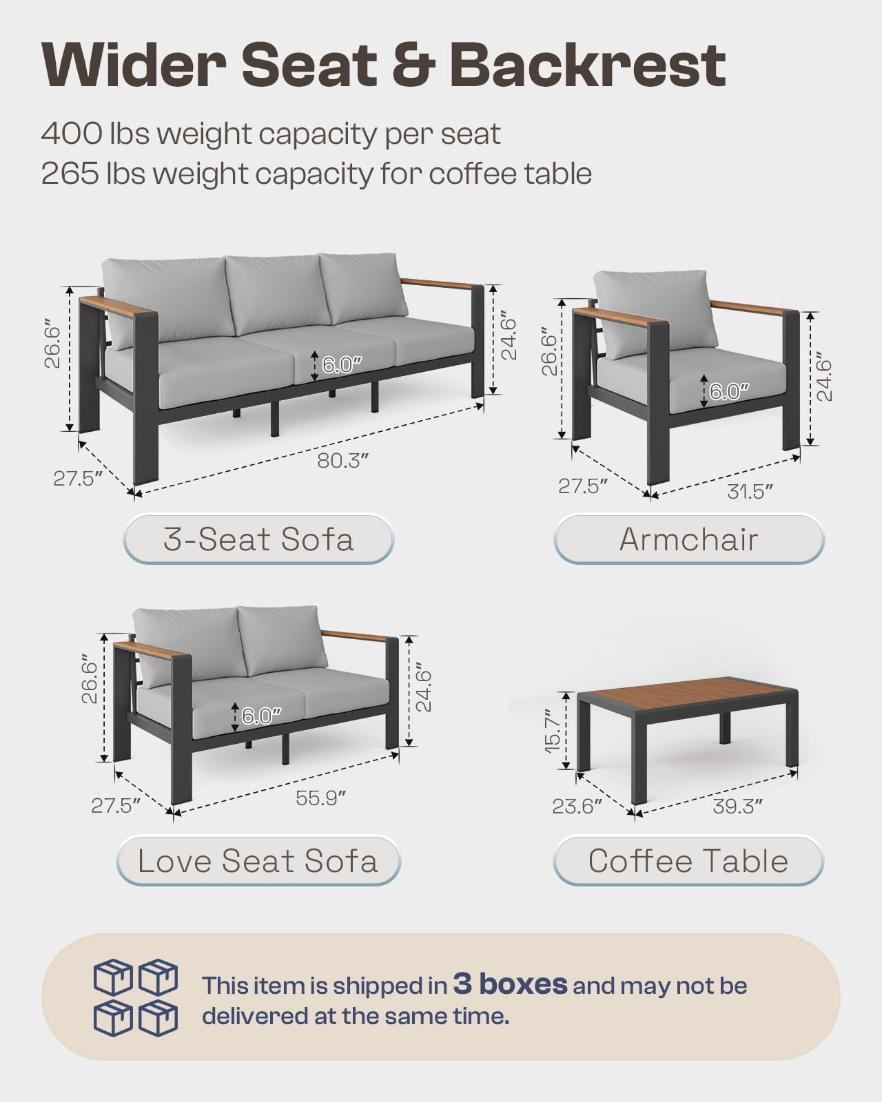 Oasbira Aluminum Outdoor Patio Furniture Loveseat, All-Weather Outdoor Patio Sofa with Washable Thick Cushion, Patio Sofa Couch for Porch, Balcony, Deck, Yard, Gray