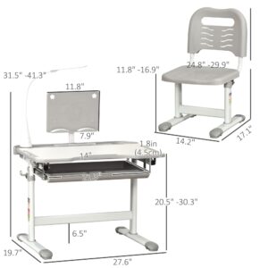 Qaba Kids Desk and Chair Set, School Study Desk with USB Light, Storage Drawer for Writing, Activities, Arts, or Crafts, Gray and White