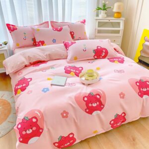 Sleepwish 3 Pieces Strawberry Bear Print Duvet Cover Set 79"x91" Pink Flowers Bedding Set for Kids Teens Girls Bed Cover with 2 Pillowcases