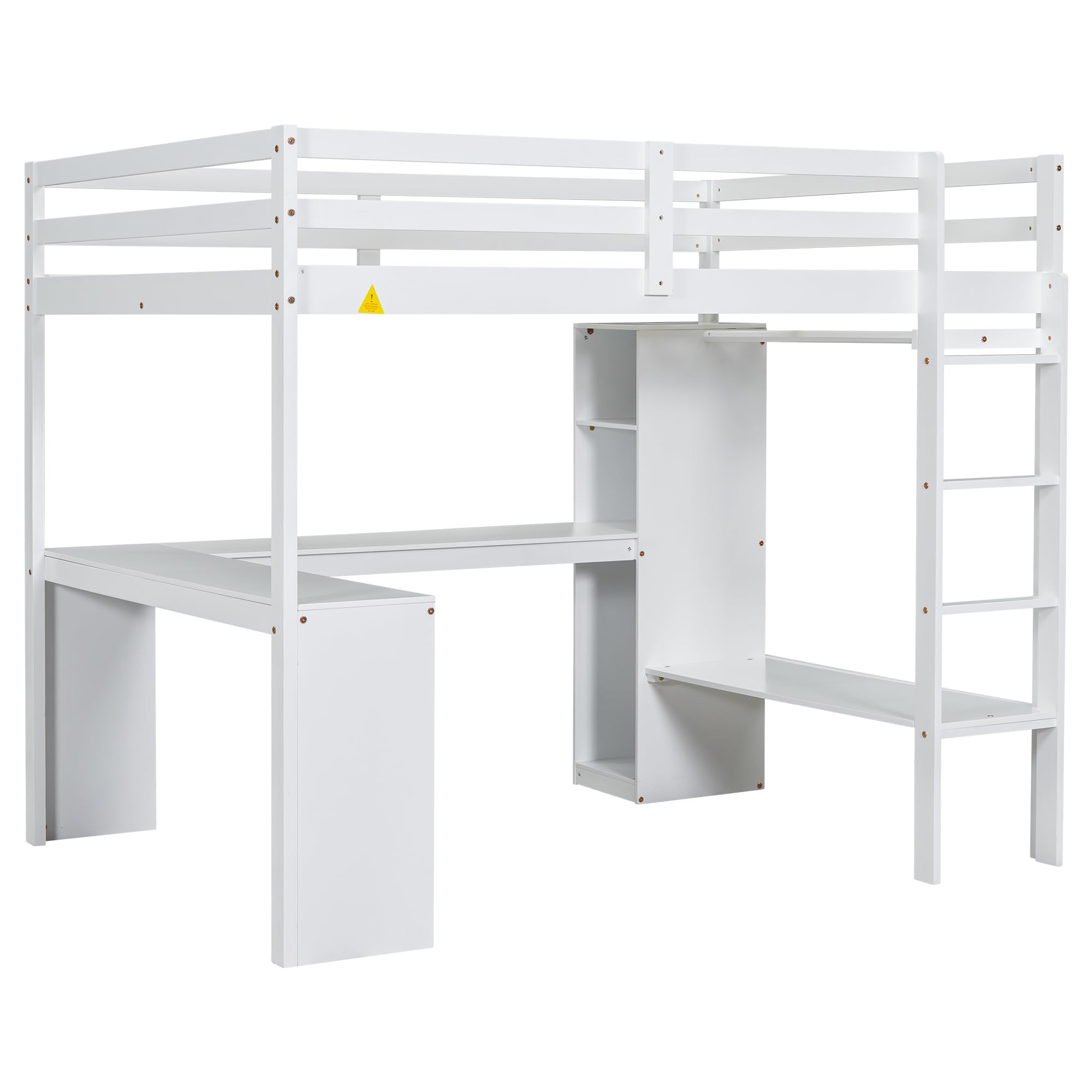 THINK 30 Full Size Loft Bed Frame with L-Shaped Desk, Wardrobe and Storage Shelves, Multifunctional Wood Loft Bed with Desk & Stairway for Kids Boys Girls Teens (White, Full)