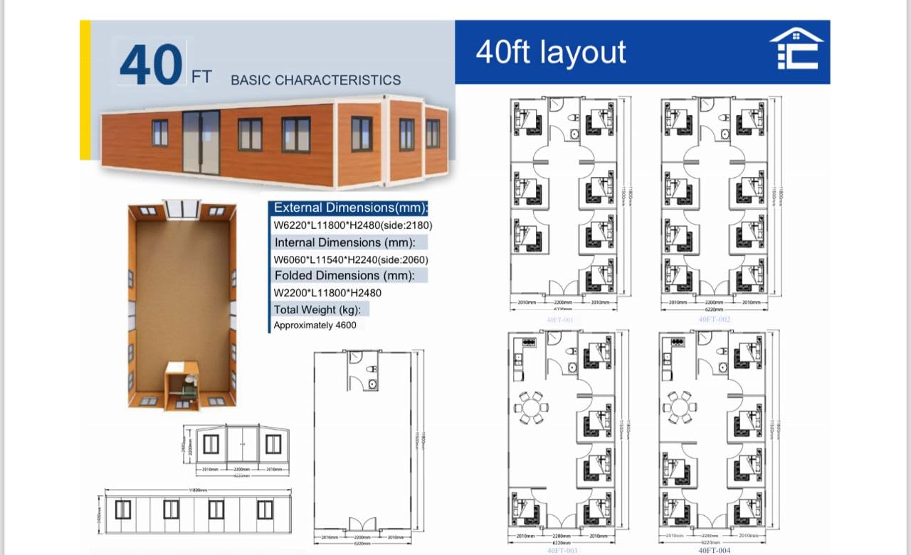 Prefab Tiny House, 40FT, 3 Bedrooms, Full Bathroom, Kitchen, 800 sq ft, Foldable Mobile Home, Modular Home, Container Home, Tiny House to Live in, Cabin Prefab (40FT).