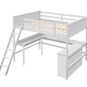 Full Size Loft Bed with L-Shaped Desk, Storage Shelves and 2 Drawers, Solid Wood Loft Bed Frame with Guardrails and Ladder for Girls Boys Junior Adults, Space-Saving Design, White