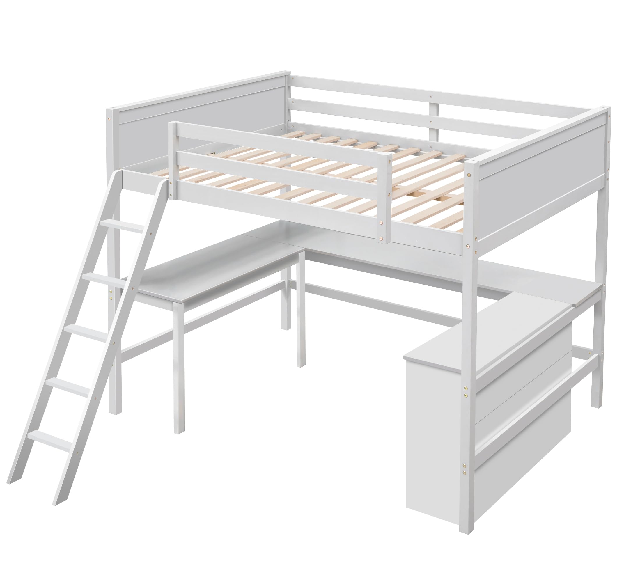 Full Size Loft Bed with L-Shaped Desk, Storage Shelves and 2 Drawers, Solid Wood Loft Bed Frame with Guardrails and Ladder for Girls Boys Junior Adults, Space-Saving Design, White