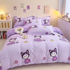 Sleepwish 3 Pieces Cute Cat Rabbit Print Duvet Cover Set 71"x87" Purple Bedding Set for Kids Teens Girls Bed Cover with 2 Pillowcases