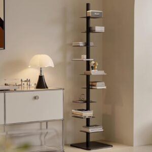 YanCheYC 9-Tier Spine Bookshelf, Metal Bookcase, Vertical Spine Book Tower, Tall Narrow Ladder Bookshelf, Corner Bookshelf for Small Space, Multipurpose Display Book Shelf for Home Office (Black)