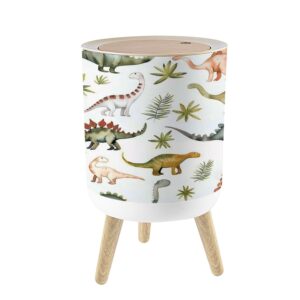 small trash can with lid hand drawing watercolor hildren s pattern cute dino tropical leaves 1.8 gallon/7l garbage can waste bin with pop-up lid wood legs wastebasket for bathroom kitchen bedroom