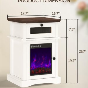 i-aplus White LED Nightstand Farmhouse Night Stand Fireplace Night Stand with Drawer LED Bedside Tables for Bedroom End Table