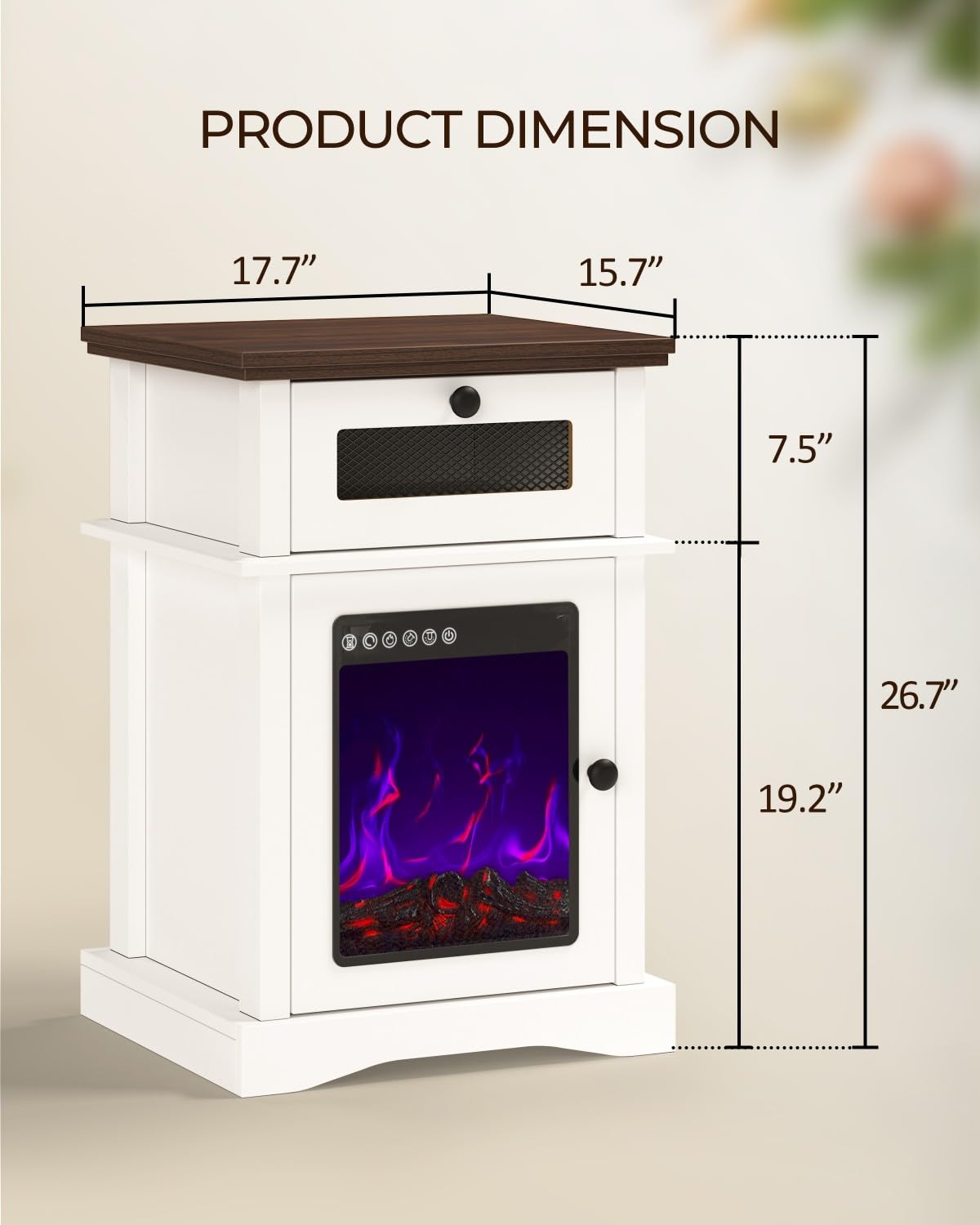 i-aplus White LED Nightstand Farmhouse Night Stand Fireplace Night Stand with Drawer LED Bedside Tables for Bedroom End Table