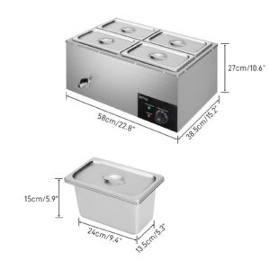 4-Pan 5LCommercial Food Warmer, 21QT Electric Steam Table 6 Inch Deep, 600W Countertop Stainless Steel Food Soup Buffet w/Temperature Control & Lid for Catering, Restaurant, Party ，Silver