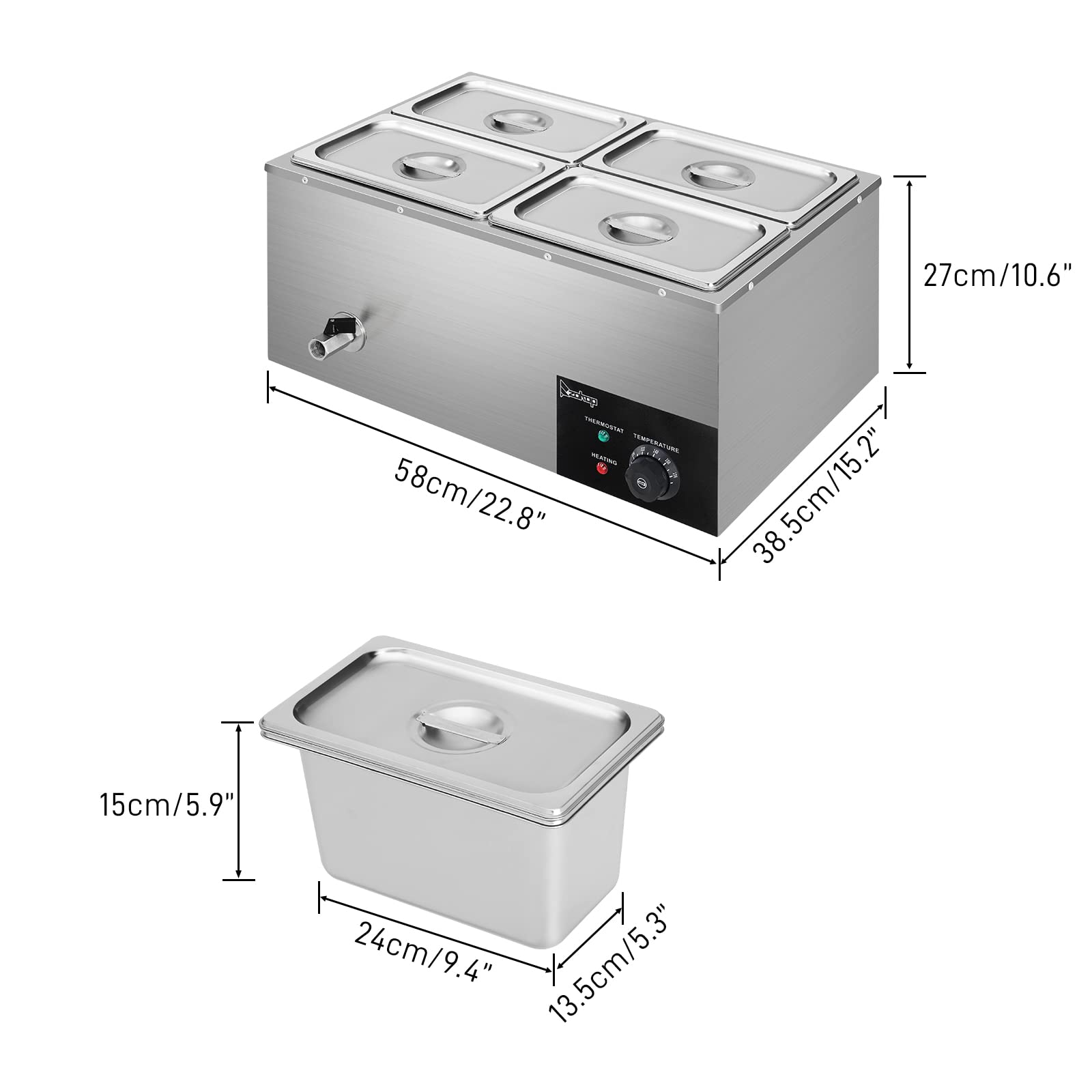 4-Pan 5LCommercial Food Warmer, 21QT Electric Steam Table 6 Inch Deep, 600W Countertop Stainless Steel Food Soup Buffet w/Temperature Control & Lid for Catering, Restaurant, Party ，Silver