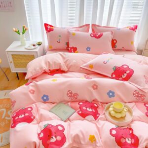 Sleepwish 3 Pieces Strawberry Bear Print Duvet Cover Set 79"x91" Pink Flowers Bedding Set for Kids Teens Girls Bed Cover with 2 Pillowcases