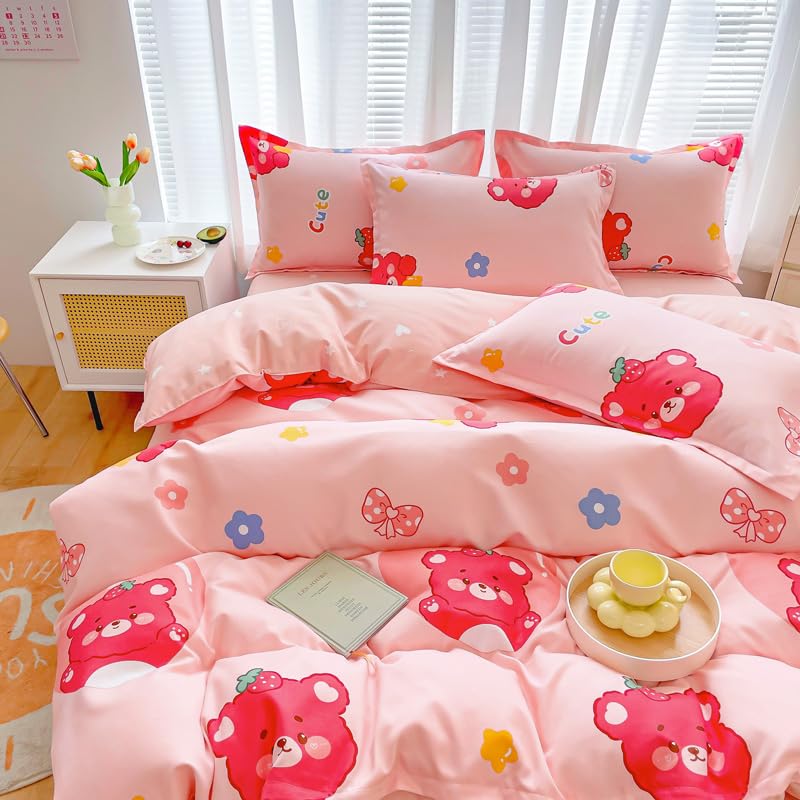 Sleepwish 3 Pieces Strawberry Bear Print Duvet Cover Set 79"x91" Pink Flowers Bedding Set for Kids Teens Girls Bed Cover with 2 Pillowcases