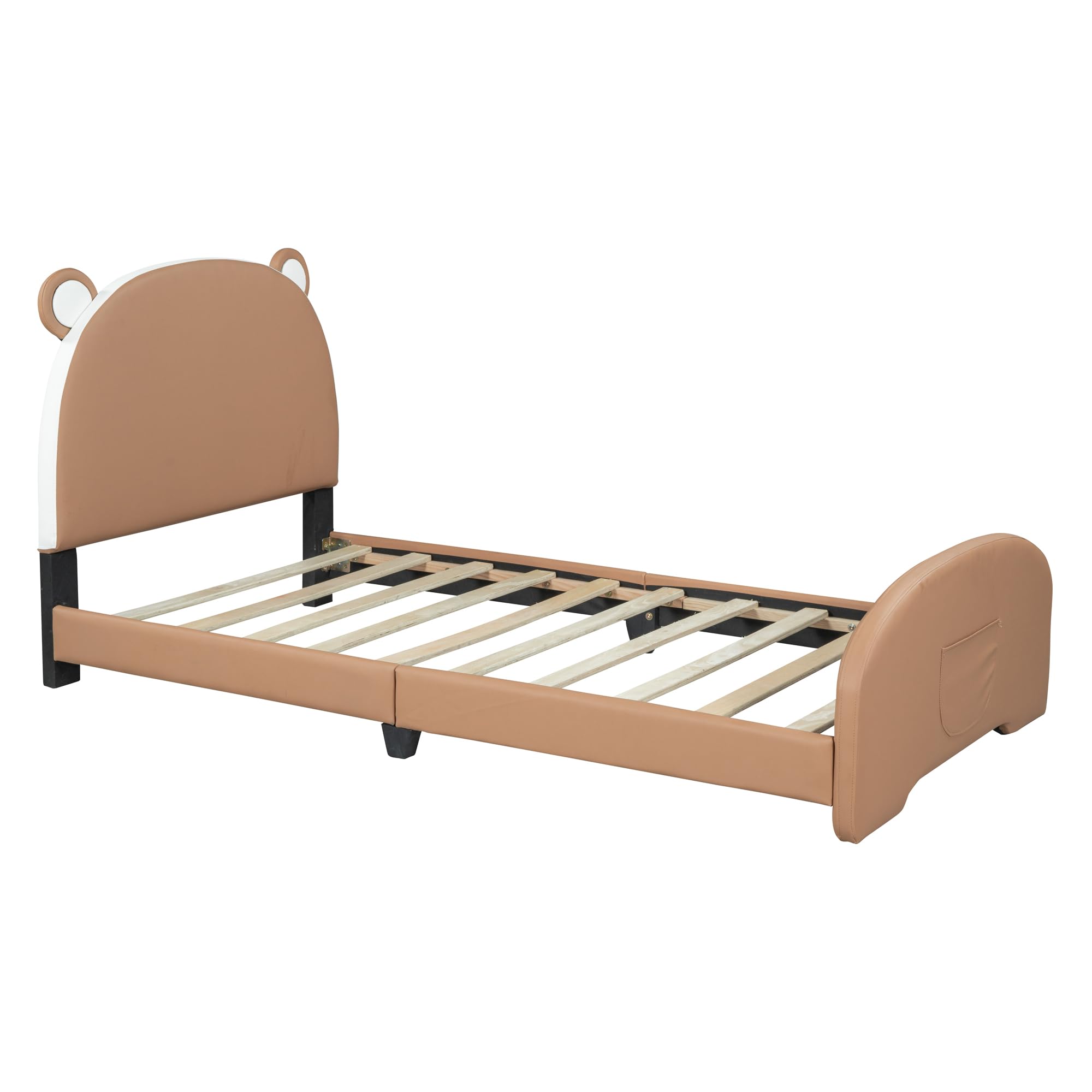 THINK 30 Twin Size Upholstered Bed Frame with Storage, PU Leatrher Platform Bed Frame with Bear-Shaped Headboard and Footboard for Boys Girls Kids Toddler, No Box Spring Needed (Brown)