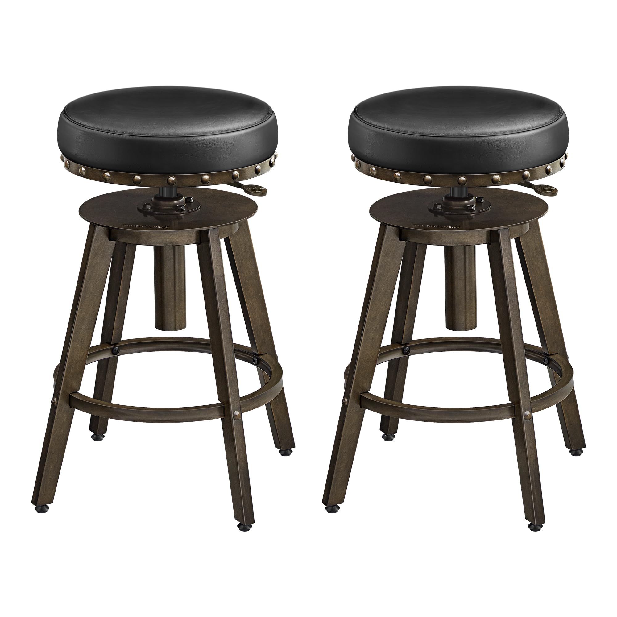 SONGMICS HOME Bar Stools, Set of 2, Steampunk Counter Stool for Kitchen, Adjustable Height and Swivel Padded Seat, Workbench Stool, 16.5 x 19.3 x 24.6-29.3 Inches, Ink Black ULJB096B01