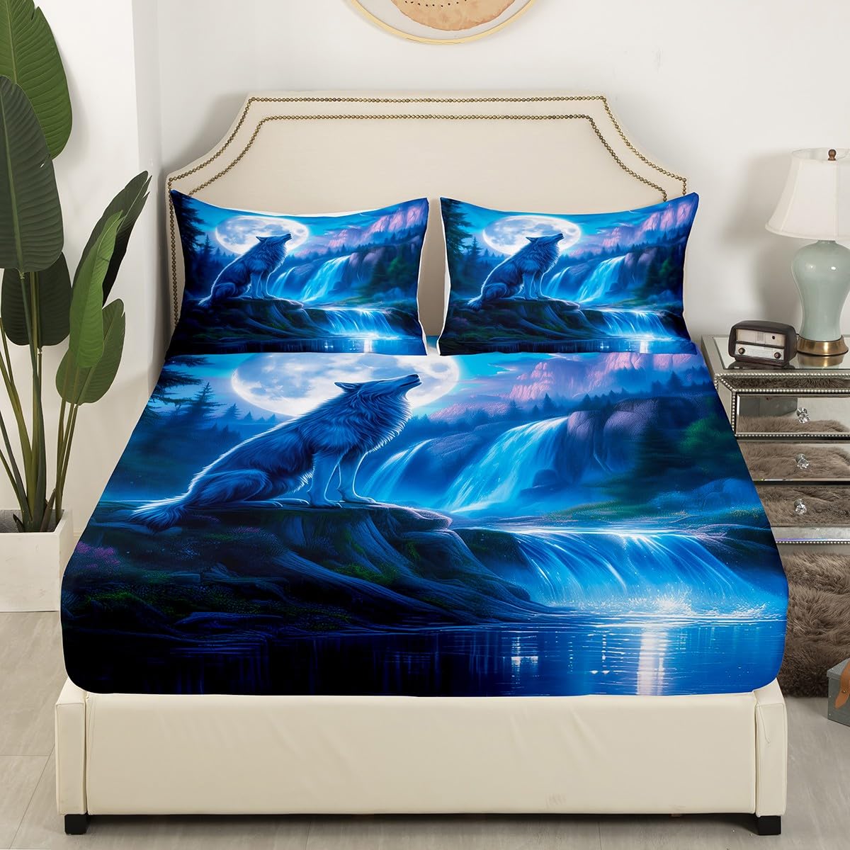 Feelyou Wolf Fitted Sheet Twin Size Wolves Howling Bedding Set for Boys Girls Teens Animal Wolves Bed Sheet Set Mountain Moon Wolf Bed Cover Room Black Blue Decor Bed Set