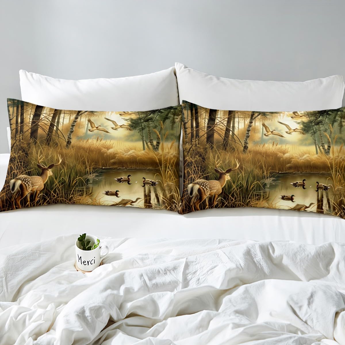 Feelyou Cute Deer Bedding Set King Size Deer Hunting Bedding Duvet Cover Set Antlers Mallard Duck Wild Animal Wild Duck Hunting Fall Tree Lake Comforter Cover Set Yellow Bedspread Cover(No Comforter)