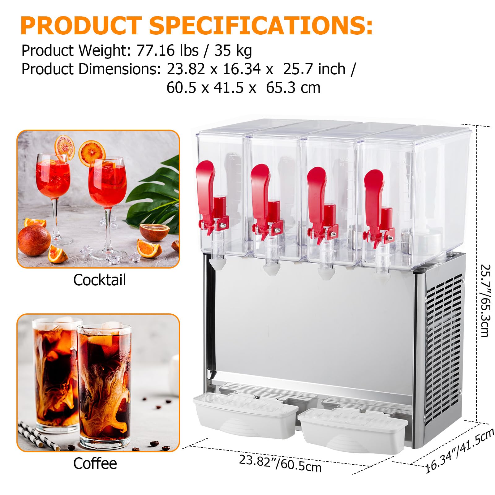 Commercial Beverage Dispenser, 4 Tanks 10.56 Gallon 40L Commercial Juice Dispenser, 10 Liter Per Tank, 380W Stainless Steel Food Grade Ice Tea Drink Dispenser with Thermostat Controller