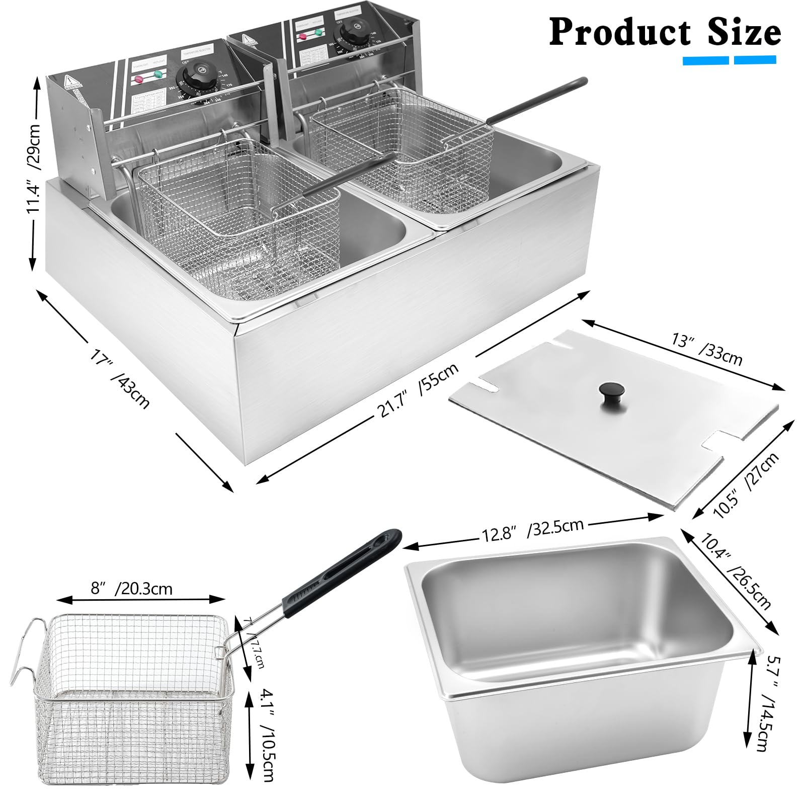 Jacgood Electric Deep Fryer, 20.72 QT Commercial Deep Fryer with Temperature Control and Removable Frying Basket and Easy to Clean Stainless Steel Body, Silver for Commercial and Domestic Kitchens