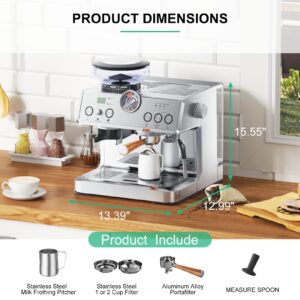 DISHUP Espresso Grinder Machine, Semi-Automatic Espresso Maker with Milk Frother, 20 Bar ULKA Pump & 31 Precision Grind Settings, PID Control System & Pressure Gauge for Espresso,Latte,Cappuccino