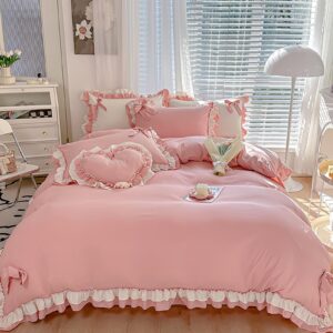 GRIPITHPY Girls Romantic Duvet Cover Set with Lovely Bow, Princess Style Chic Lace Ruffled Bow Bedding Set, Soft Breathable Comforter Cover Set with Zipper Closure(Queen, Pink)