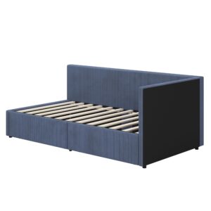 THINK 30 Corduroy Upholstered Daybed with Two Storage Drawers, L Shape Corner Bed with Vertical Striped Design, Twin Size, Blue