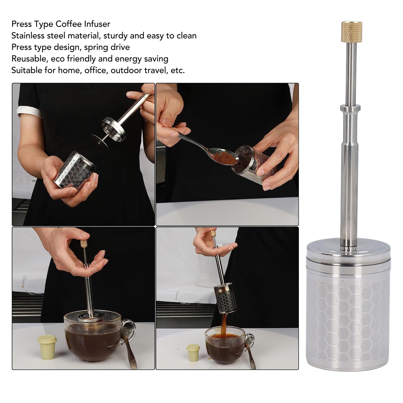 Portable Coffee and Tea Filter Press, Reusable Stainless Steel Coffee Maker for Home Office Travel