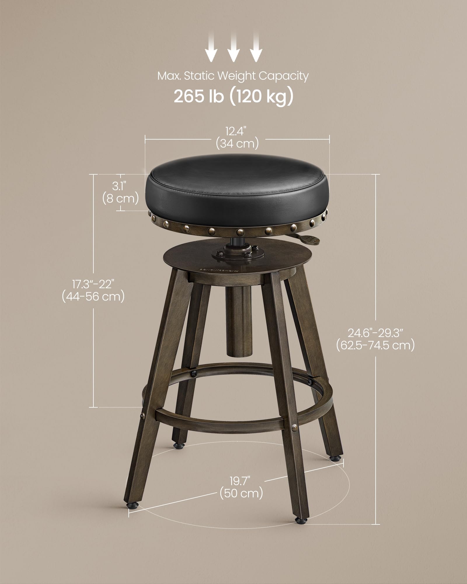 SONGMICS HOME Bar Stools, Set of 2, Steampunk Counter Stool for Kitchen, Adjustable Height and Swivel Padded Seat, Workbench Stool, 16.5 x 19.3 x 24.6-29.3 Inches, Ink Black ULJB096B01