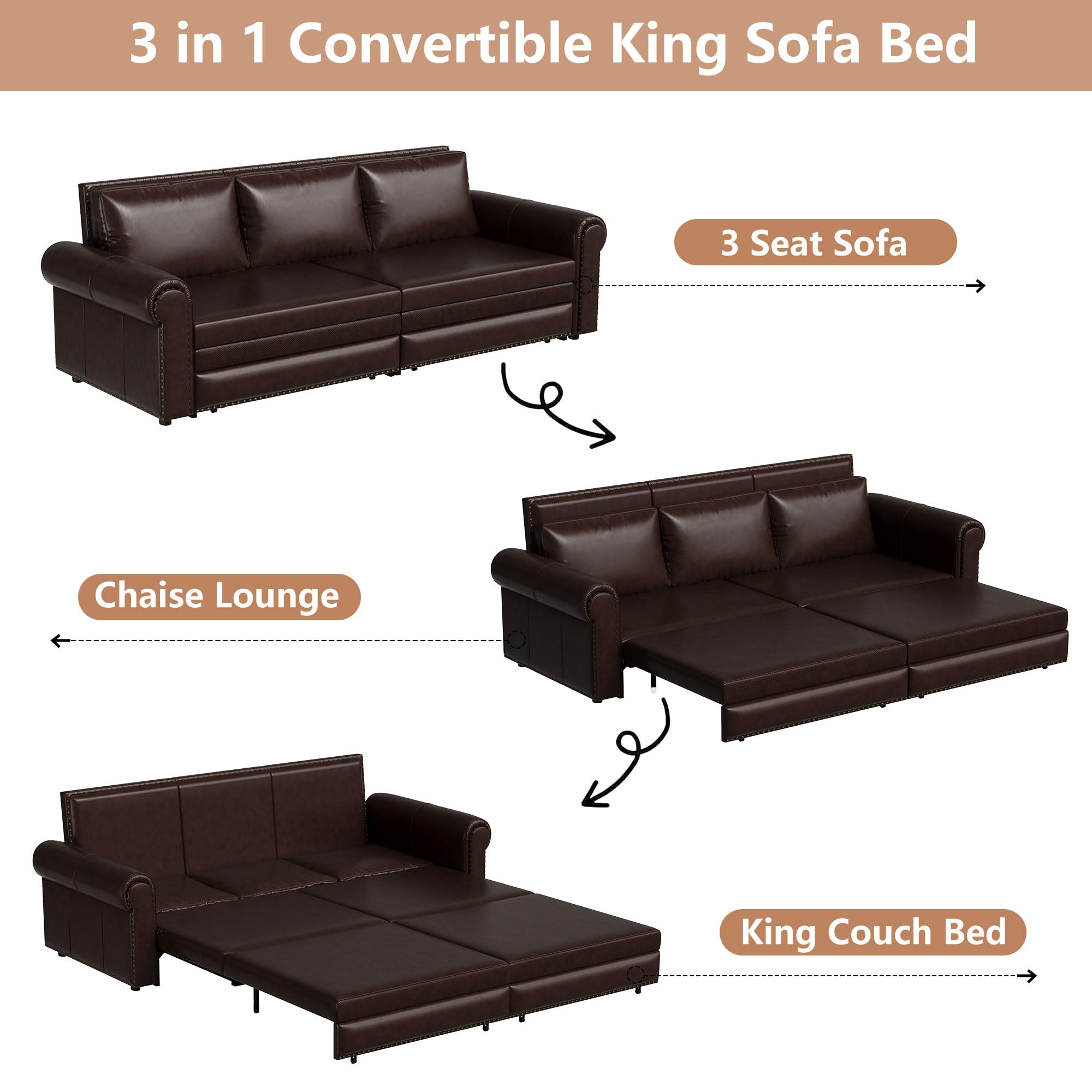 Tmsan 93.7" King Pull Out Sofa Bed, 3 in 1 Convertible Sleeper Sofa, 3 Seat Couch with Nailhead Trim & Rolled Arm for Living Room, Apartment, Office, Dark Brown PU Leather