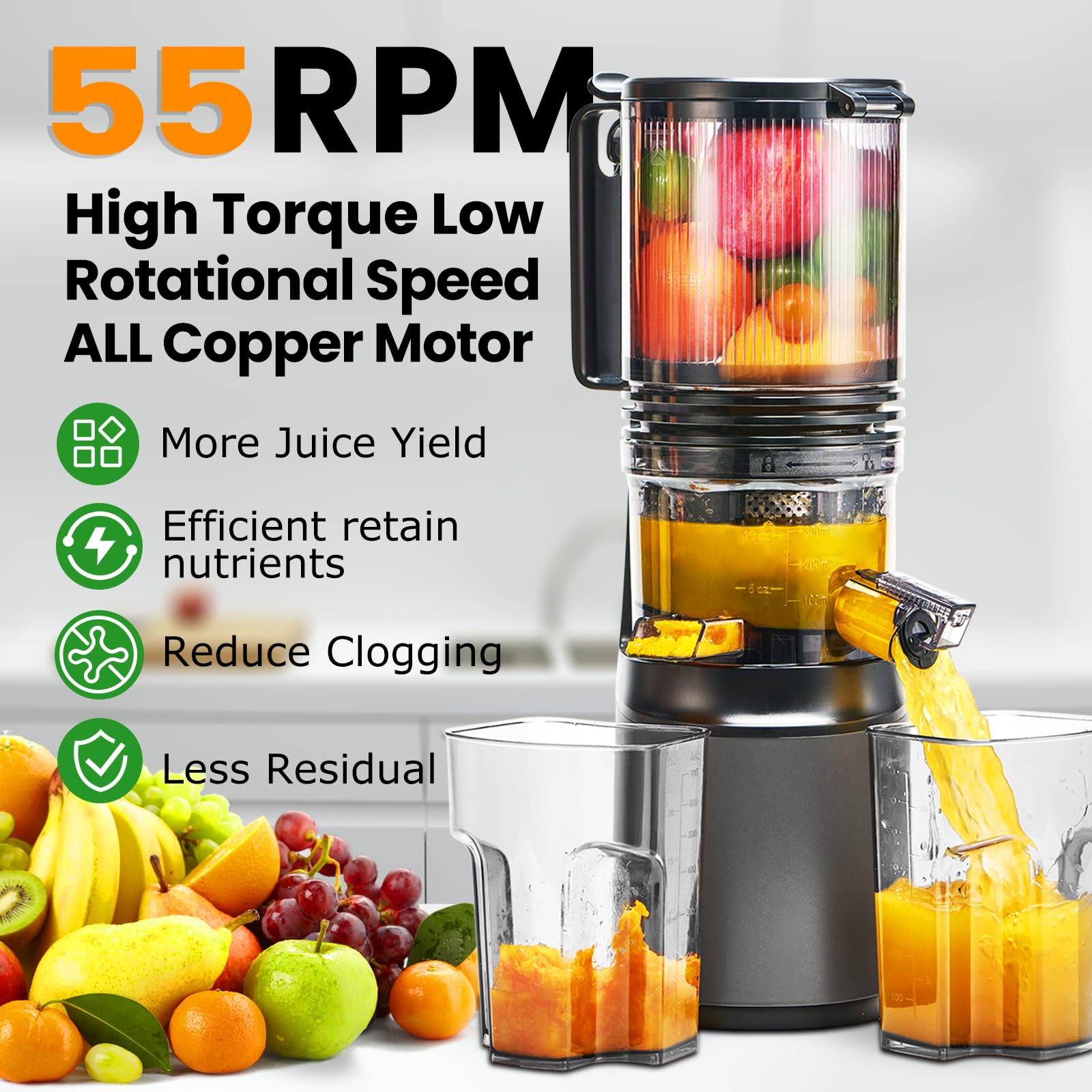 ATSENT Cold Press Juicer,Slow Masticating Juicer Machines with 5.3" Large Feed Chute for Most Fruits and Vegetables,Easy to Clean Lemon Orange Juicer with 250W Motor and High Juice Yield