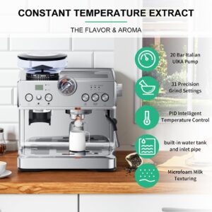 DISHUP Espresso Grinder Machine, Semi-Automatic Espresso Maker with Milk Frother, 20 Bar ULKA Pump & 31 Precision Grind Settings, PID Control System & Pressure Gauge for Espresso,Latte,Cappuccino