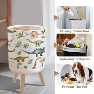 Small Trash Can with Lid Hand drawing watercolor hildren s pattern cute dino tropical leaves 1.8 Gallon/7L Garbage Can Waste Bin with Pop-Up Lid Wood Legs Wastebasket for Bathroom Kitchen Bedroom