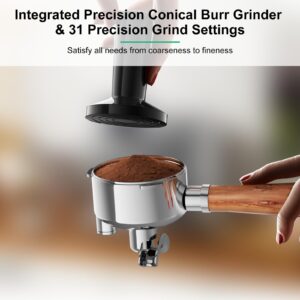 DISHUP Espresso Grinder Machine, Semi-Automatic Espresso Maker with Milk Frother, 20 Bar ULKA Pump & 31 Precision Grind Settings, PID Control System & Pressure Gauge for Espresso,Latte,Cappuccino