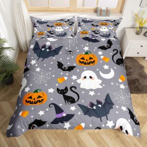 feelyou halloween duvet cover cute ghost bedding set room decor vintage halloween decor scaredy cat pumpkin bat comforter cover set twin size magic hat grey bedspread cover 2pcs zipper(no comforter)