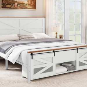 YITAHOME Queen Size Farmhouse Bed Frame with Sliding Barn Door Storage Cabinets, Platform Bed Frame with 47.2" Headboard, Solid Metal Slats Support, Noiseless, No Box Spring Needed, White