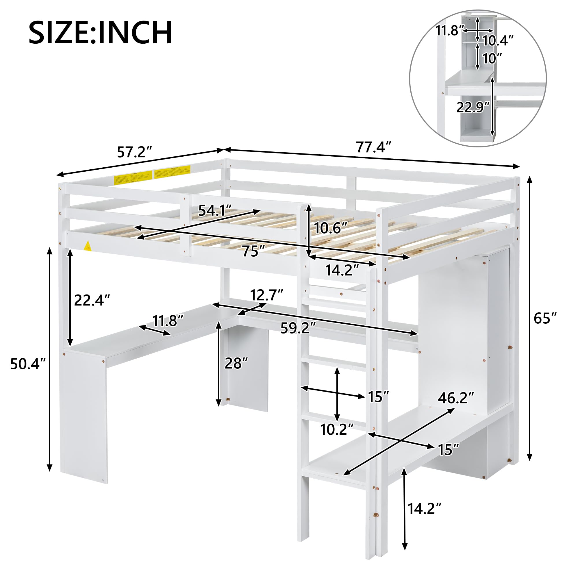 THINK 30 Full Size Loft Bed Frame with L-Shaped Desk, Wardrobe and Storage Shelves, Multifunctional Wood Loft Bed with Desk & Stairway for Kids Boys Girls Teens (White, Full)