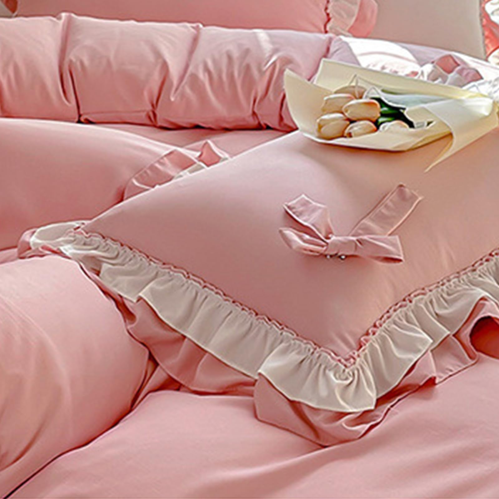 GRIPITHPY Girls Romantic Duvet Cover Set with Lovely Bow, Princess Style Chic Lace Ruffled Bow Bedding Set, Soft Breathable Comforter Cover Set with Zipper Closure(Queen, Pink)