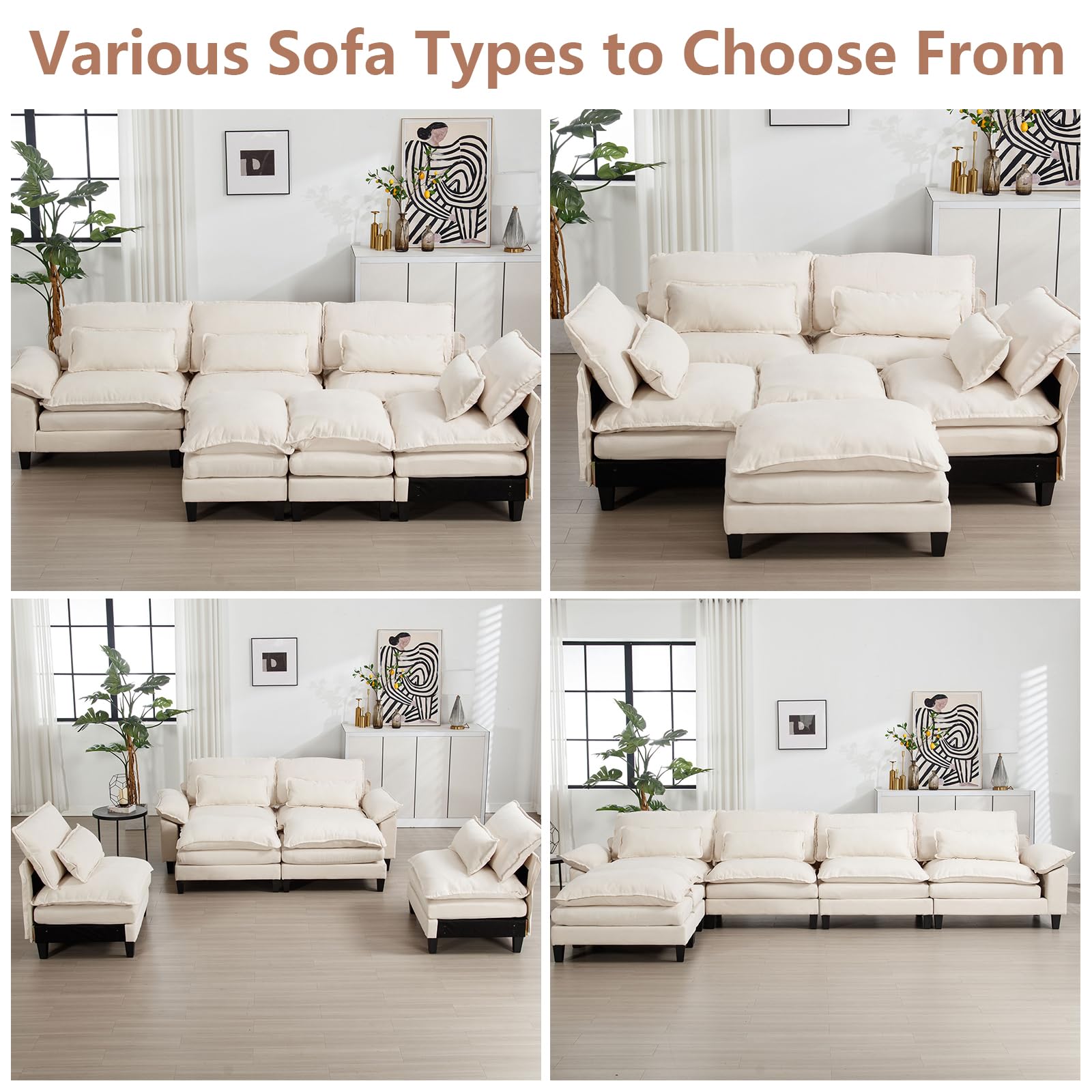 154" Oversized Modular Sectional Sofa , Ice Velvet Large U-Shaped Couch Comfy Upholstered 4-Seat Sofa with 2 Movable Ottoman, 4 Lumbar Pillow, Deep Seat Couch for Living Room,DIY Combination Beige