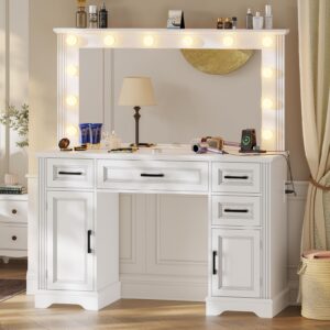 bthfst large vanity desk with oversized mirror & hollywood lights, makeup vanity with charging station, modern makeup desk with 4 drawers & 2 storage cabinets, white