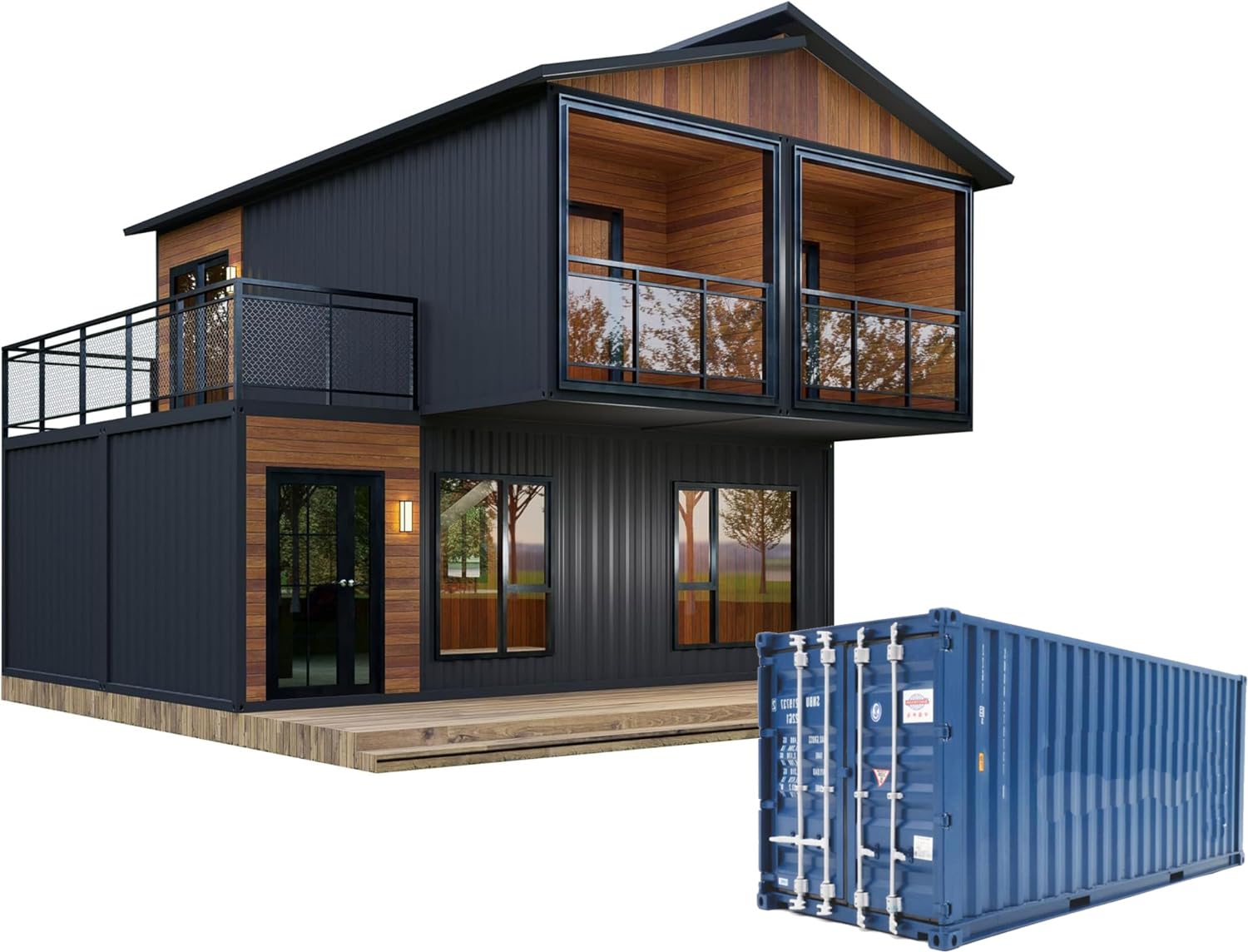 Double Story Container House 5 Room Prefab Tiny Home to Live in for Adults Mini Foldable Mobile Home Modular Guest Homes kit casas prefabricadas para Vivir with Water & Electricity Terrace