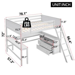 Full Size Loft Bed with L-Shaped Desk, Storage Shelves and 2 Drawers, Solid Wood Loft Bed Frame with Guardrails and Ladder for Girls Boys Junior Adults, Space-Saving Design, White