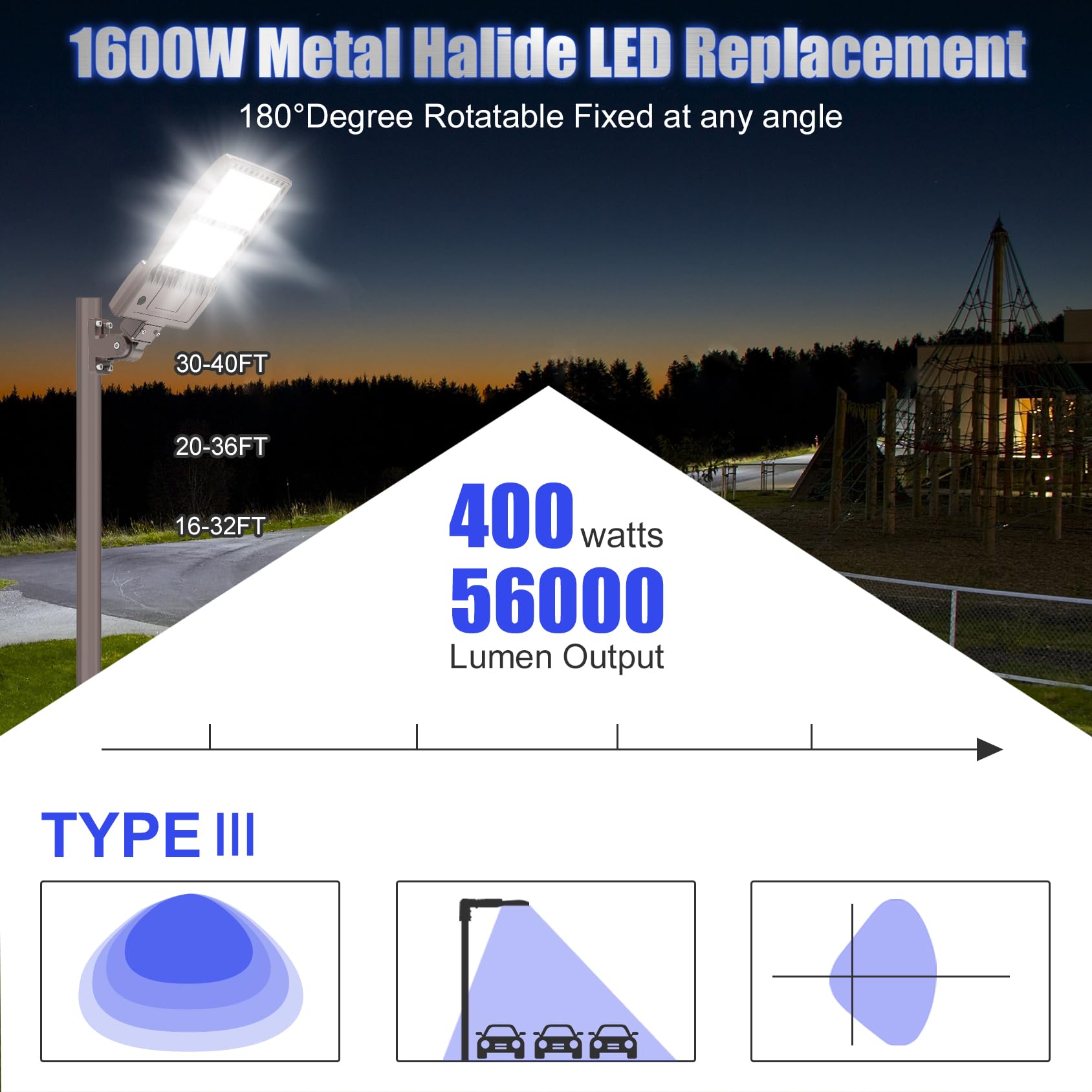 4Pack 400W LED Parking Lot Light 56000 Lumen, UL DLC Parking lot Flood Lights Arm Mount, Street Area Light IP65 5000K Waterproof 100-277VAC Input, Stadium Lights Outdoor LED, LED Pole Light Outdoor