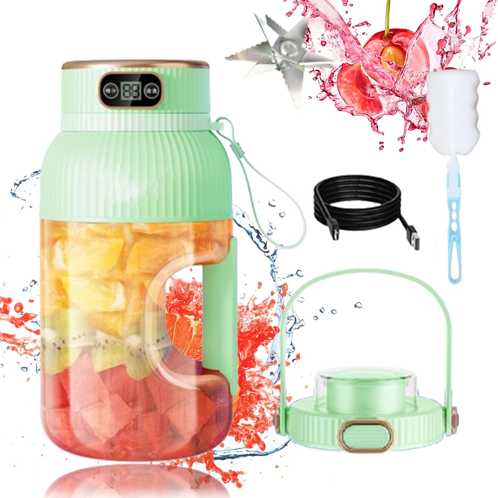 Multifunctional Portable Juicer, Yulyoie Multifunctional Portable Juicer Cup with Digital Display, Portable Juicer Blender, Rechargeable for Shakes and Smoothies (Green+Lip)