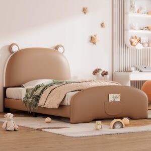 THINK 30 Twin Size Upholstered Bed Frame with Storage, PU Leatrher Platform Bed Frame with Bear-Shaped Headboard and Footboard for Boys Girls Kids Toddler, No Box Spring Needed (Brown)