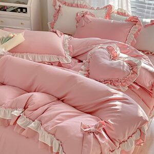 GRIPITHPY Girls Romantic Duvet Cover Set with Lovely Bow, Princess Style Chic Lace Ruffled Bow Bedding Set, Soft Breathable Comforter Cover Set with Zipper Closure(Queen, Pink)