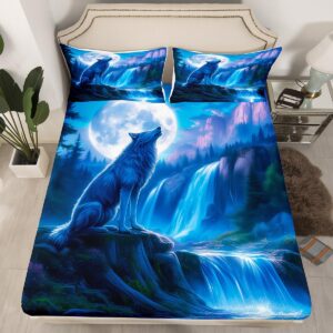 feelyou wolf fitted sheet twin size wolves howling bedding set for boys girls teens animal wolves bed sheet set mountain moon wolf bed cover room black blue decor bed set