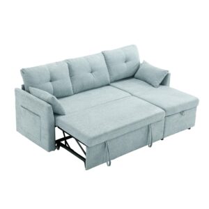 lifeisle modern sofa bed,3 seater pull out sleeper sofa couch with storage chaise for living room,chenille 81.1" 2 in 1 sofa sleeper with 2 pillows and side pocket for apartment,lounge,mint green